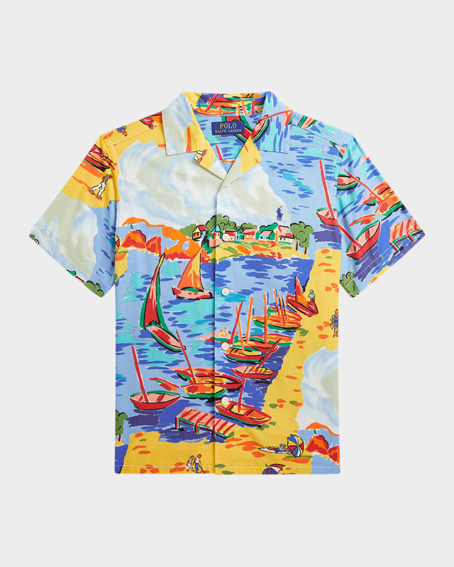 Boy's Italian Riviera-Printed Button Down Shirt, Size S-